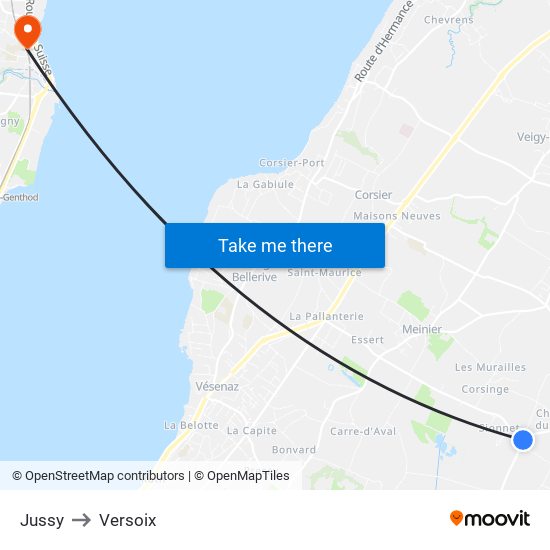 Jussy to Versoix map