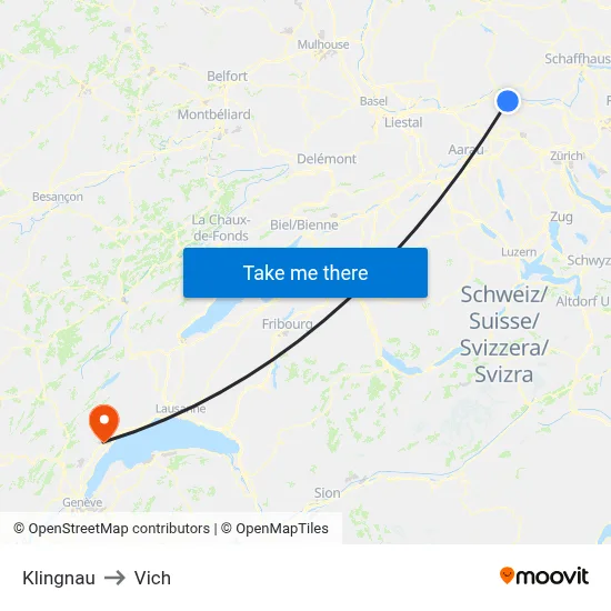Klingnau to Vich map