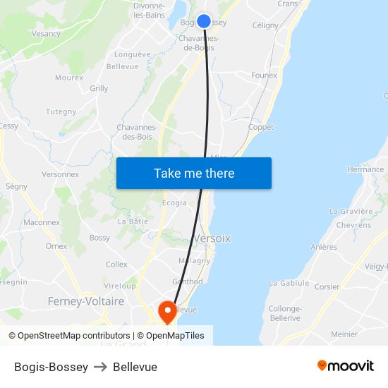 Bogis-Bossey to Bellevue map