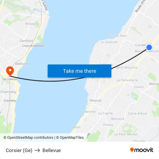 Corsier (Ge) to Bellevue map