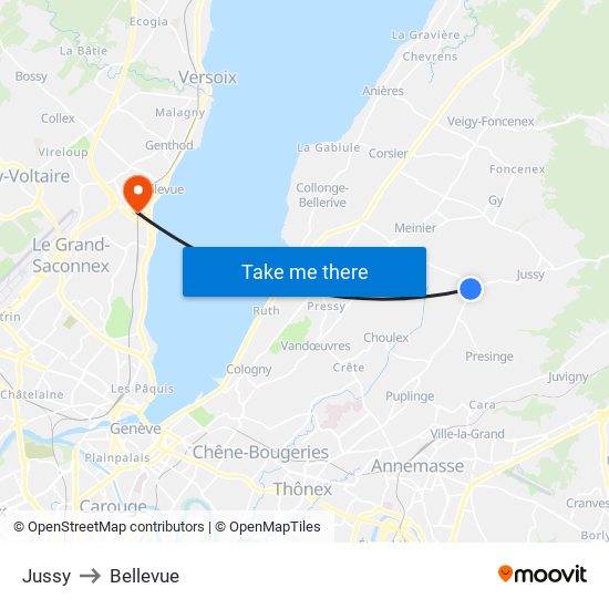 Jussy to Bellevue map