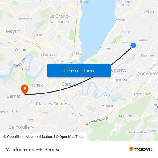 Vandoeuvres to Bernex map