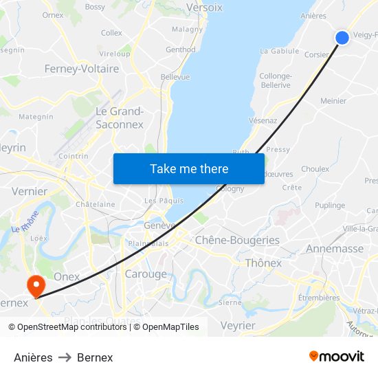 Anières to Bernex map