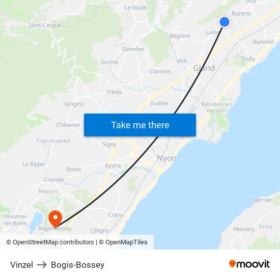 Vinzel to Bogis-Bossey map