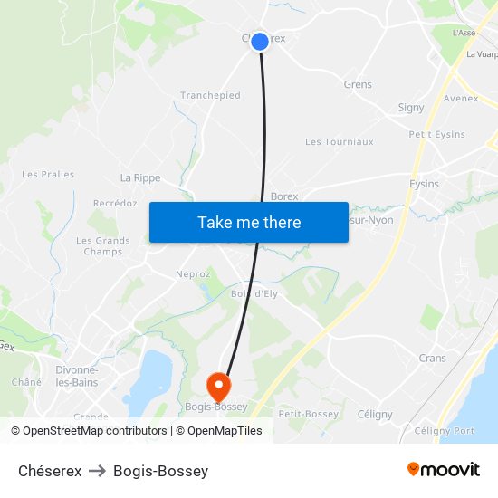 Chéserex to Bogis-Bossey map