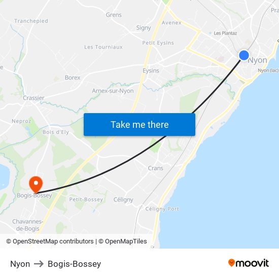 Nyon to Bogis-Bossey map