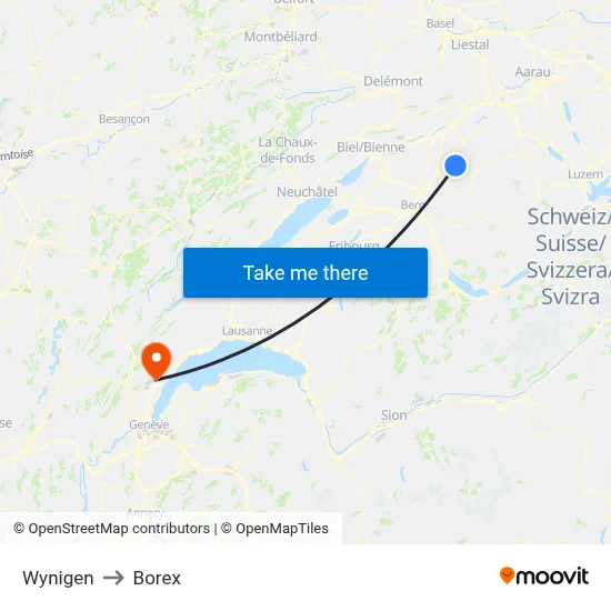 Wynigen to Borex map