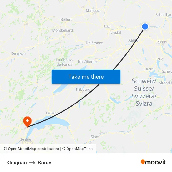 Klingnau to Borex map