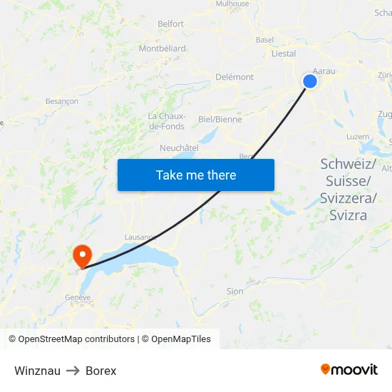 Winznau to Borex map