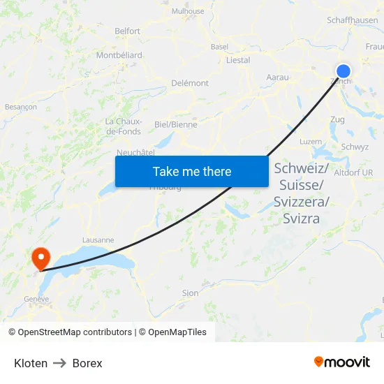 Kloten to Borex map