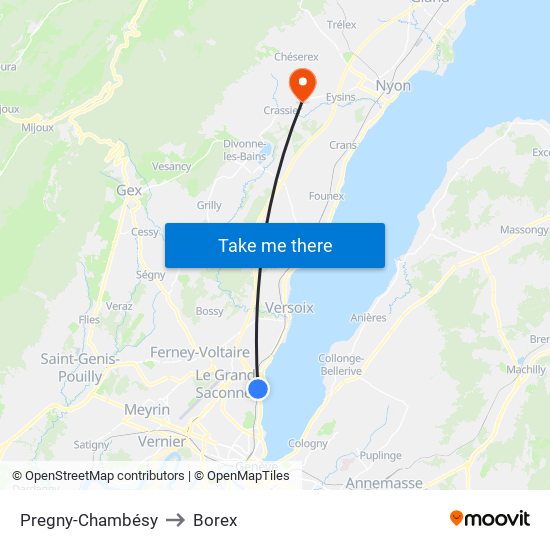 Pregny-Chambésy to Borex map