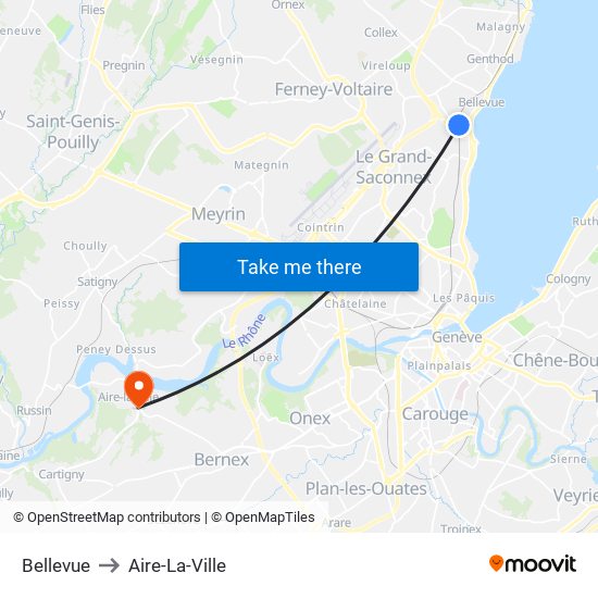 Bellevue to Aire-La-Ville map