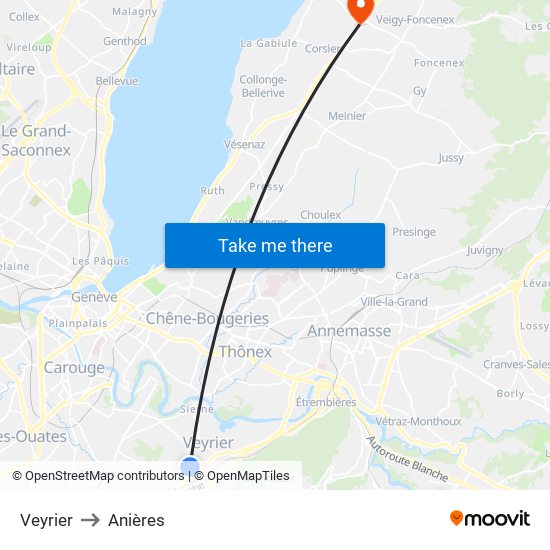 Veyrier to Anières map