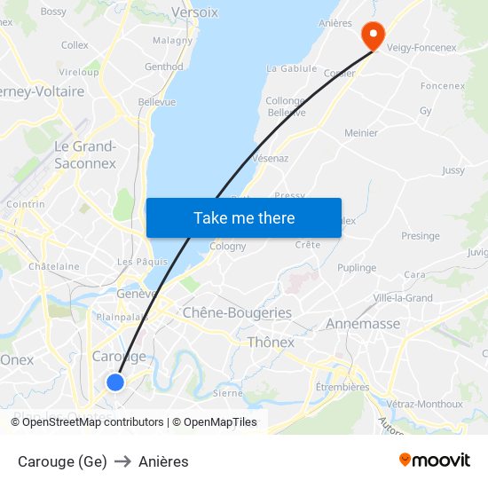 Carouge (Ge) to Anières map