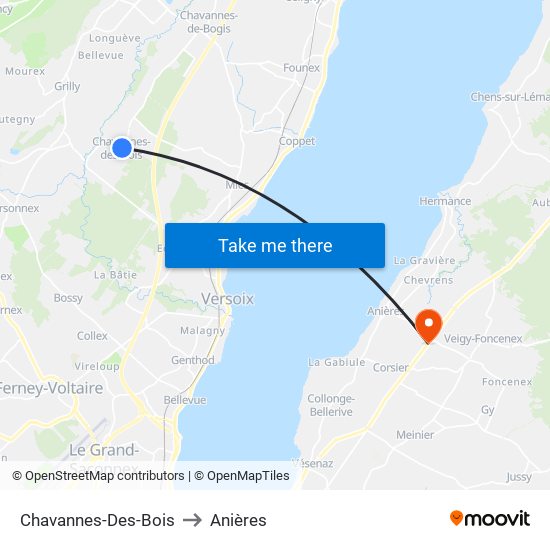 Chavannes-Des-Bois to Anières map