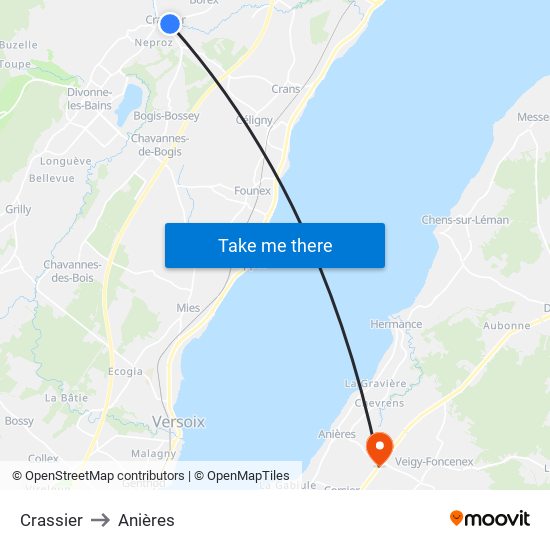 Crassier to Anières map