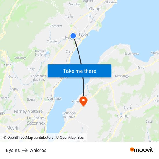 Eysins to Anières map