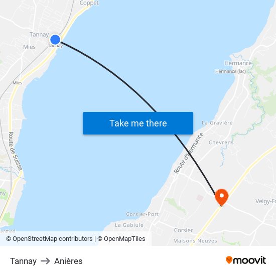 Tannay to Anières map