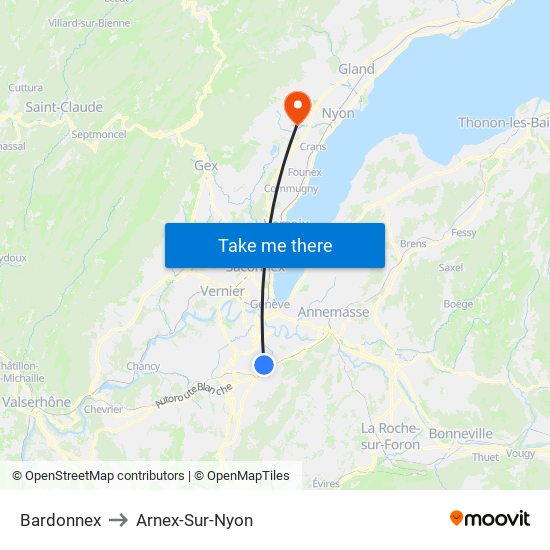 Bardonnex to Arnex-Sur-Nyon map