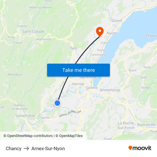 Chancy to Arnex-Sur-Nyon map