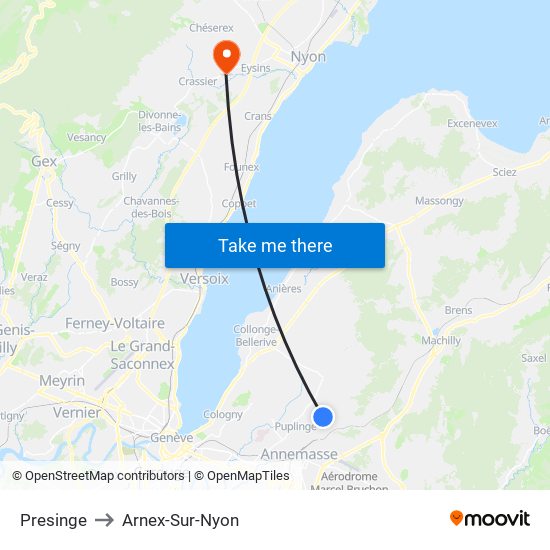 Presinge to Arnex-Sur-Nyon map