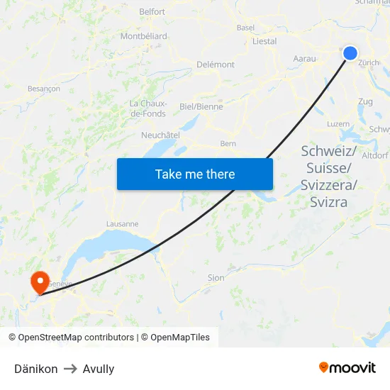 Dänikon to Avully map