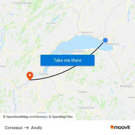 Corseaux to Avully map