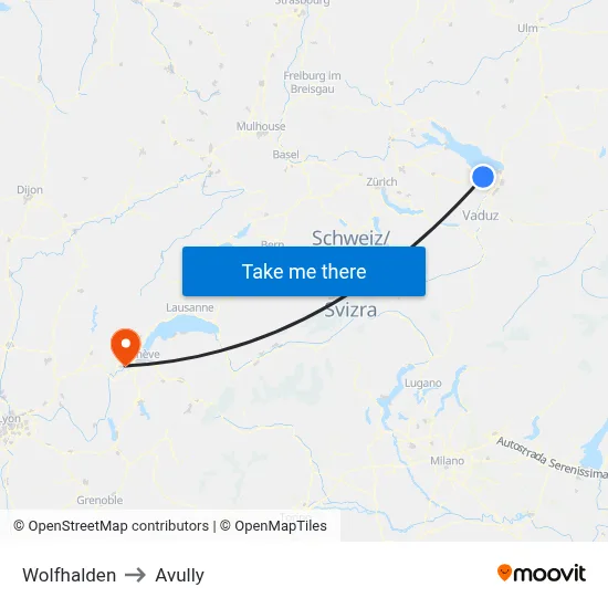 Wolfhalden to Avully map
