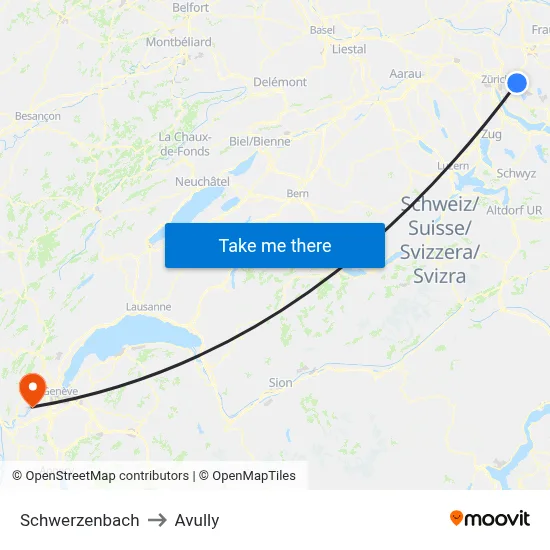 Schwerzenbach to Avully map