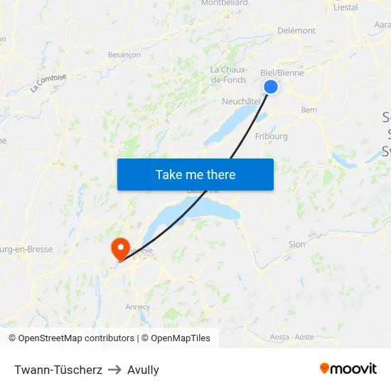 Twann-Tüscherz to Avully map