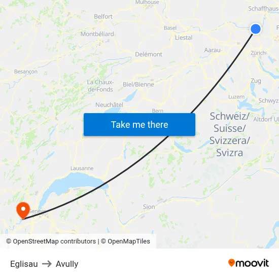 Eglisau to Avully map