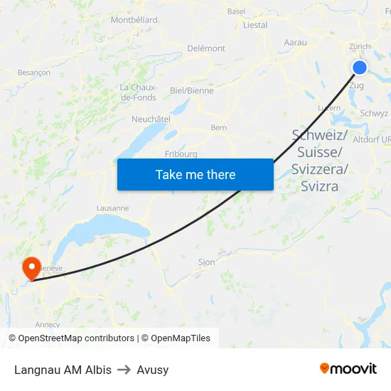 Langnau AM Albis to Avusy map