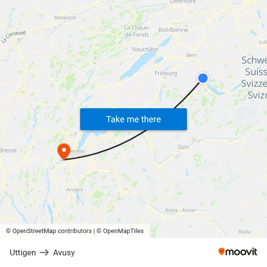 Uttigen to Avusy map