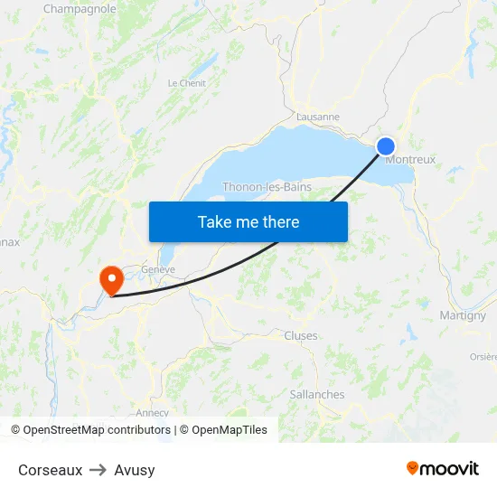 Corseaux to Avusy map