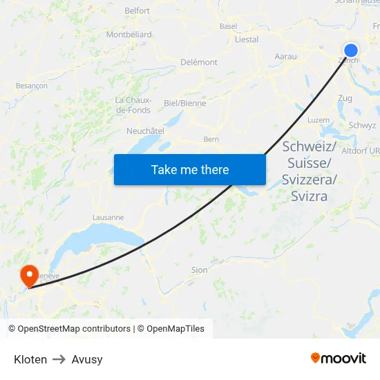 Kloten to Avusy map