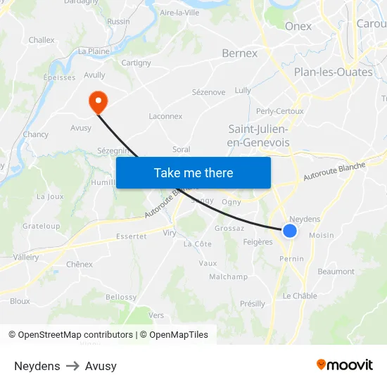 Neydens to Avusy map