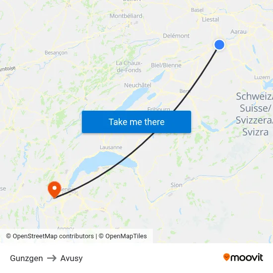 Gunzgen to Avusy map
