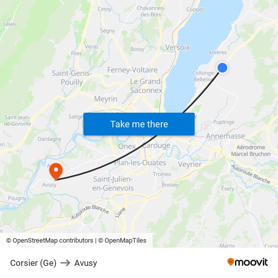 Corsier (Ge) to Avusy map