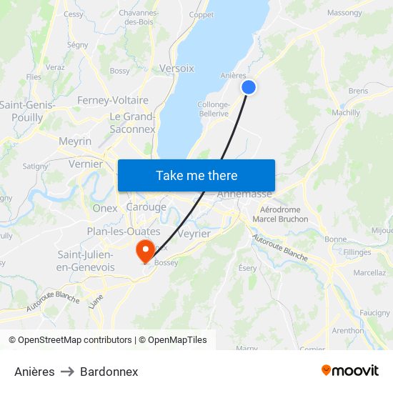 Anières to Bardonnex map