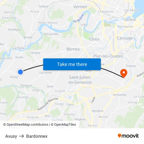 Avusy to Bardonnex map