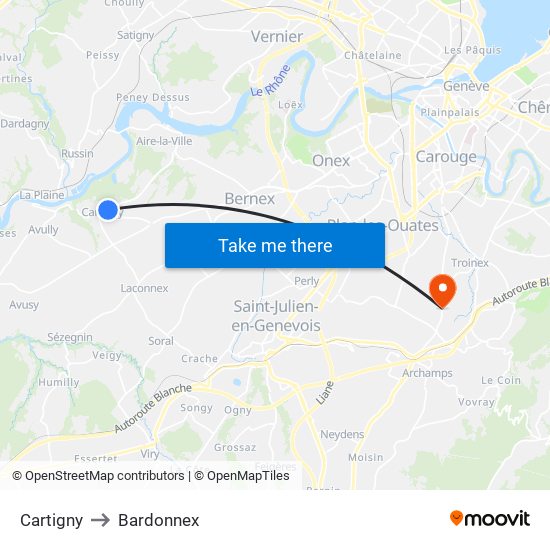 Cartigny to Bardonnex map