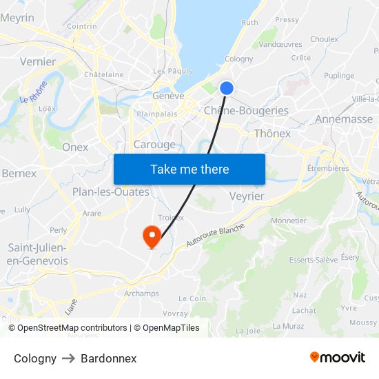 Cologny to Bardonnex map