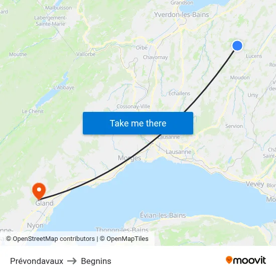 Prévondavaux to Begnins map