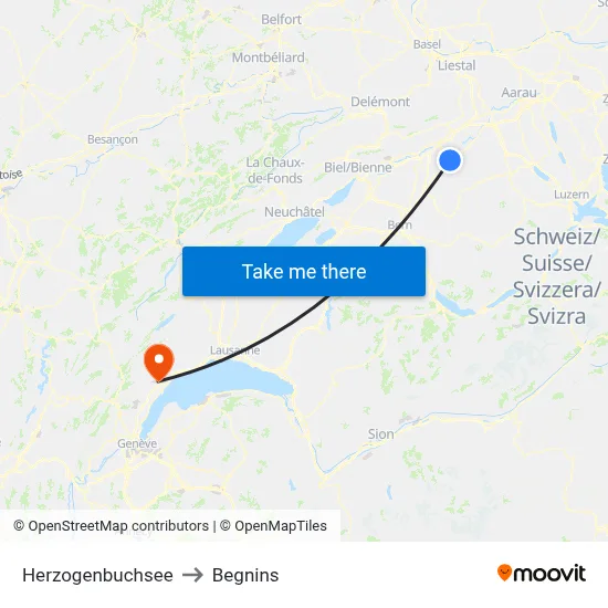Herzogenbuchsee to Begnins map