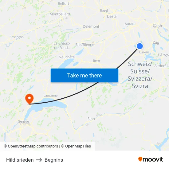 Hildisrieden to Begnins map