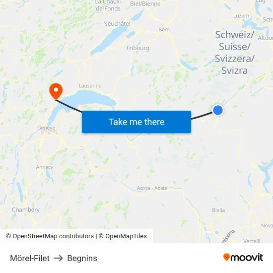 Mörel-Filet to Begnins map