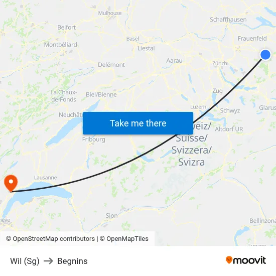 Wil (Sg) to Begnins map
