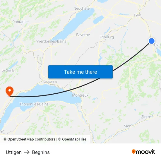 Uttigen to Begnins map
