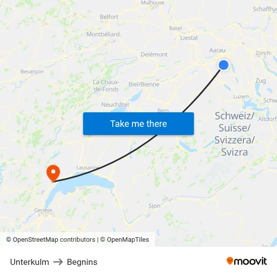 Unterkulm to Begnins map