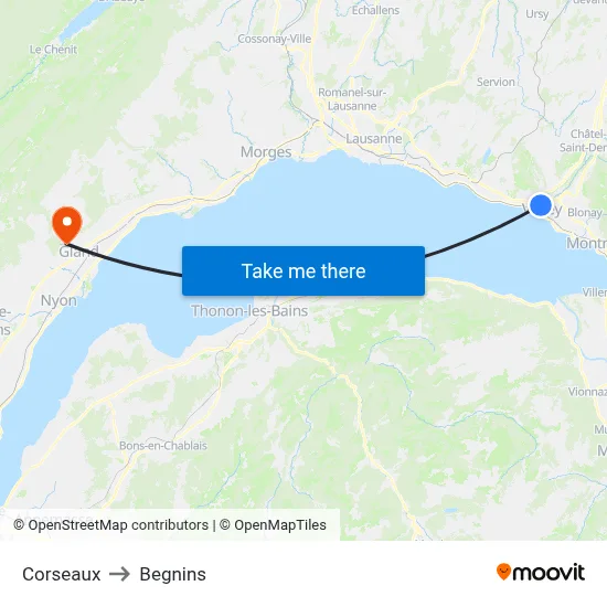 Corseaux to Begnins map